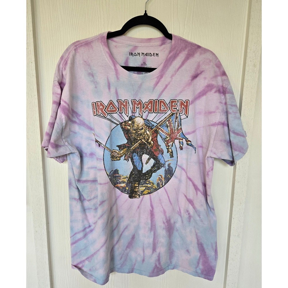 Iron Maiden The Trooper Tie Dye Graphic T-Shirt Purple Blue XL Band Tee Festival